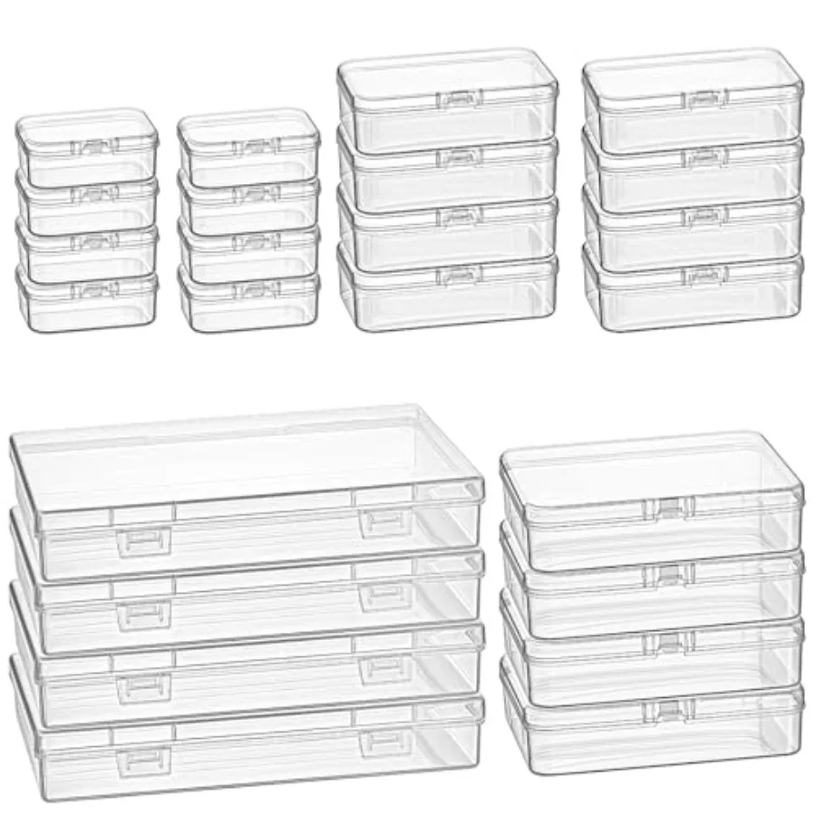 

24 Pieces Mixed Sizes Rectangular Empty Mini Clear Plastic Organizer Storage Box Containers with Hinged Lids for Small Items an