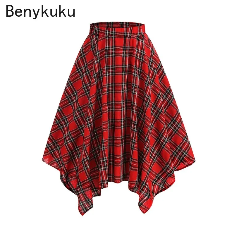 

Винтажные женские юбки-миди в клетку с асимметричным подолом и эластичной резинкой на талии, элегантная юбка в клетку для рождественской вечеринки, стиль уличного танца 2025