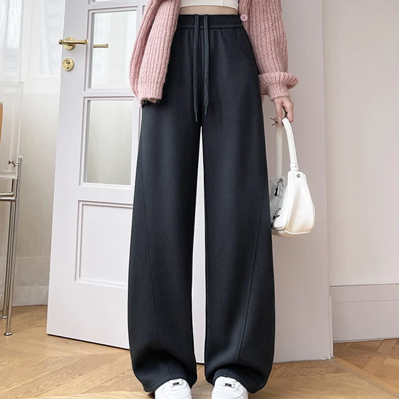 Damskie spodnie dresowe hip-hop na jesień i zimę 2025, modne, elastyczny pas, luźne, szerokie nogawki, proste, jednolite, ze sznurkiem.