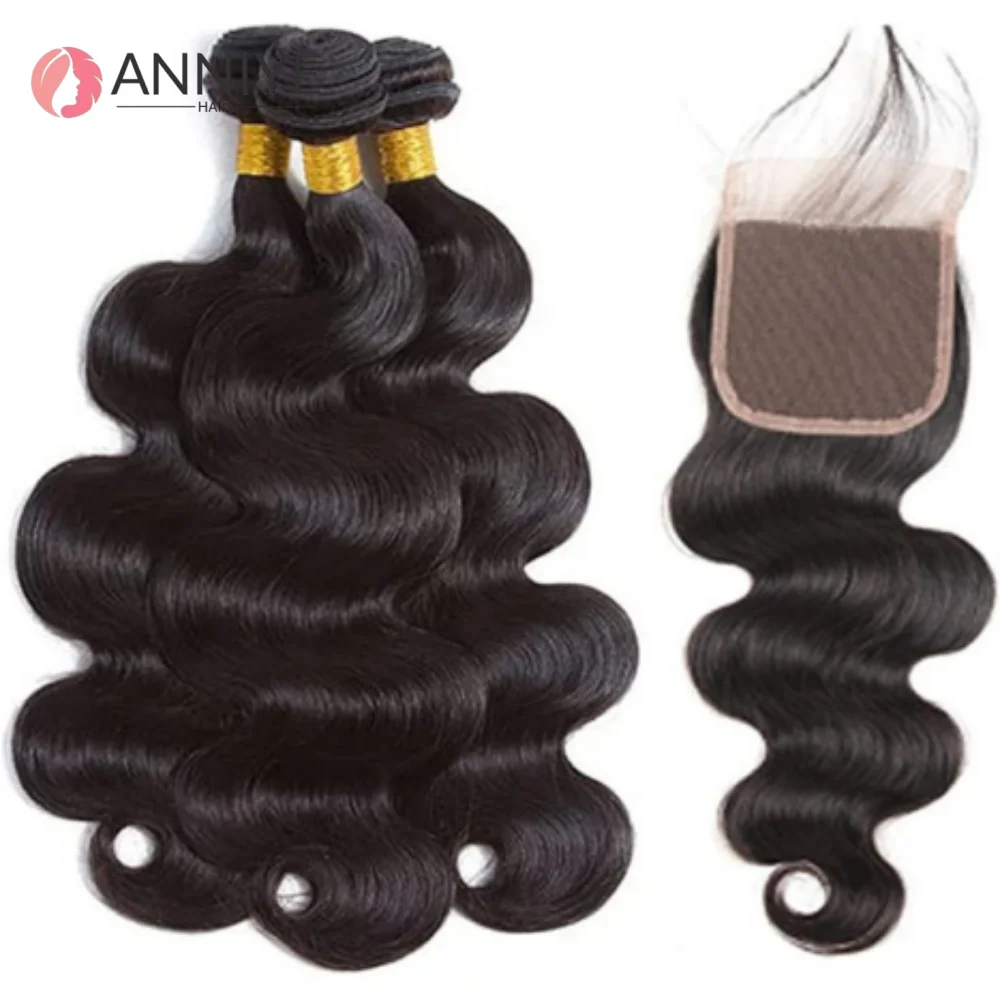 Paquets de vague de corps avec fermeture 4x4 tissage de cheveux 3 paquets avec fermeture à lacets 100% Extensions de cheveux humains avec fermeture à lacets