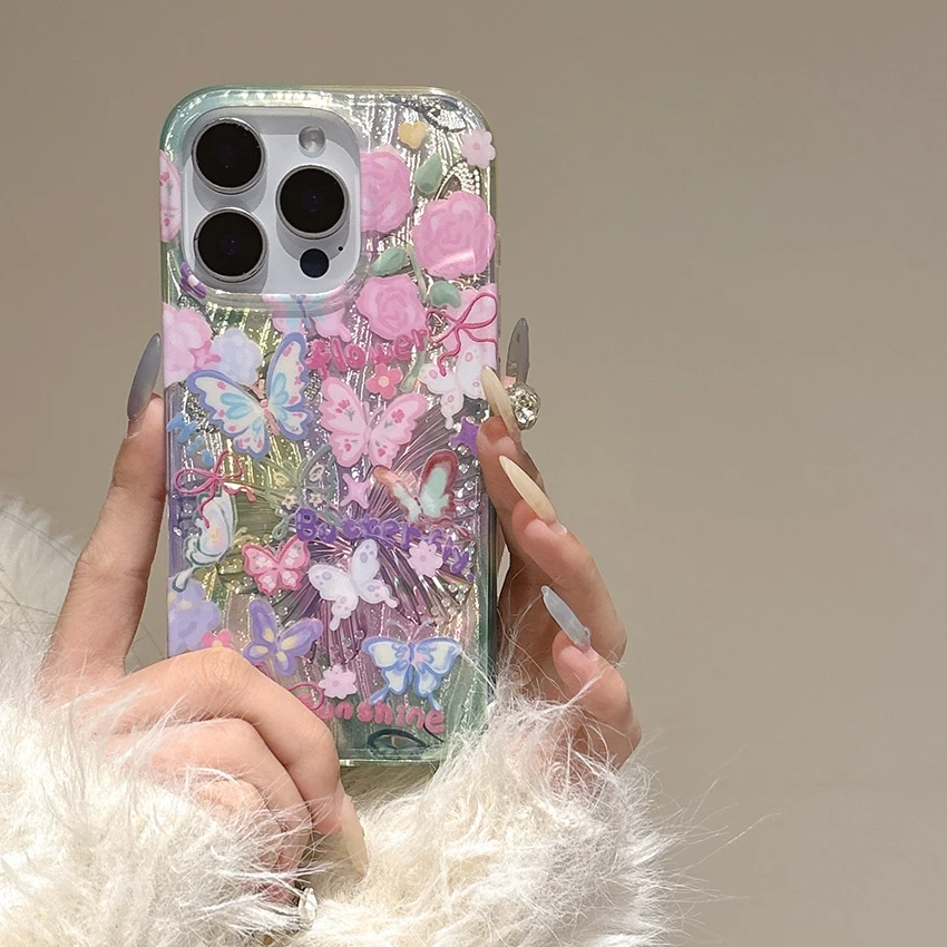 حافظة هاتف على شكل فراشة ليزر لهاتف آيفون 17 16 15 14 13 برو ماكس طبقة مزدوجة بالضغط الساخن كرافت 16 برو ماكس حافظة هاتف حلية 15 برو