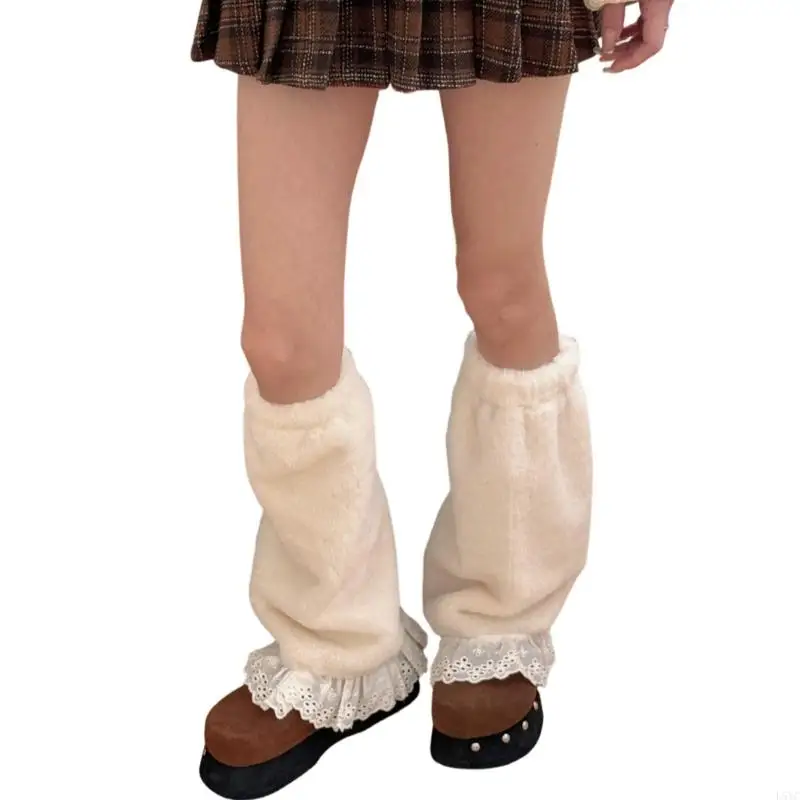 L5YC フリルレースフリースレッグウォーマーリボンアクセント冬のファッションレッグウェアアクセサリー