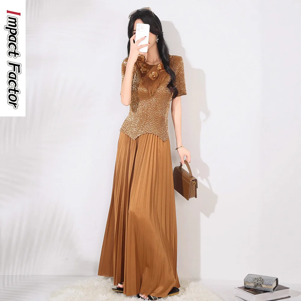 

Miyake Fashion Temperament Suit Women's 2025 Summer Short-sleeved Bronzing Pullover Top High Waist Long Skirt Two-piece Set