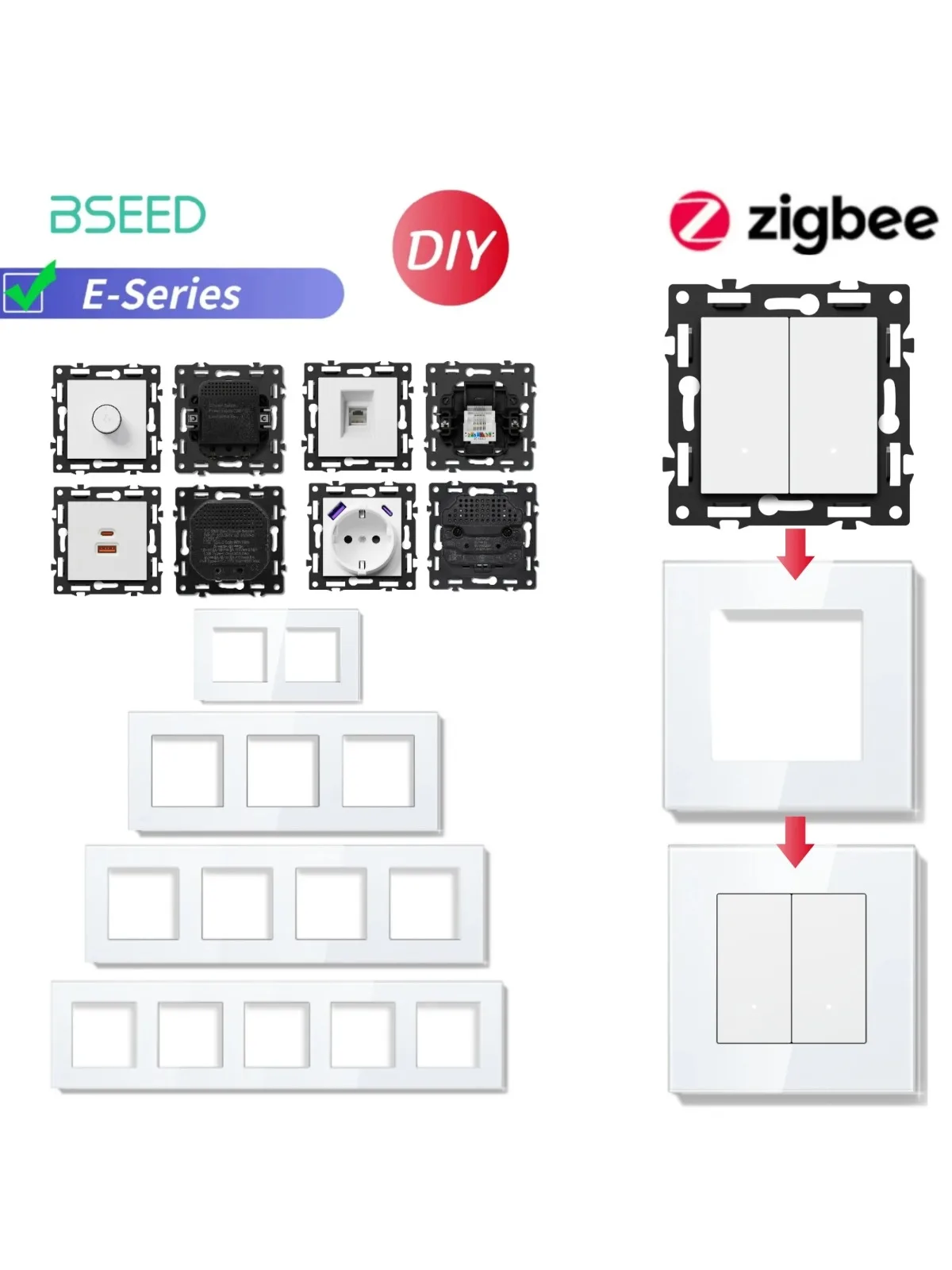 Moduły przełączników ZigBee BSEED, inteligentny ściemniacz, części do przełączników rolkowych, szklana ramka, kombinacja DIY, gniazdka ścienne, Cat6, ładowanie Type-C — 2