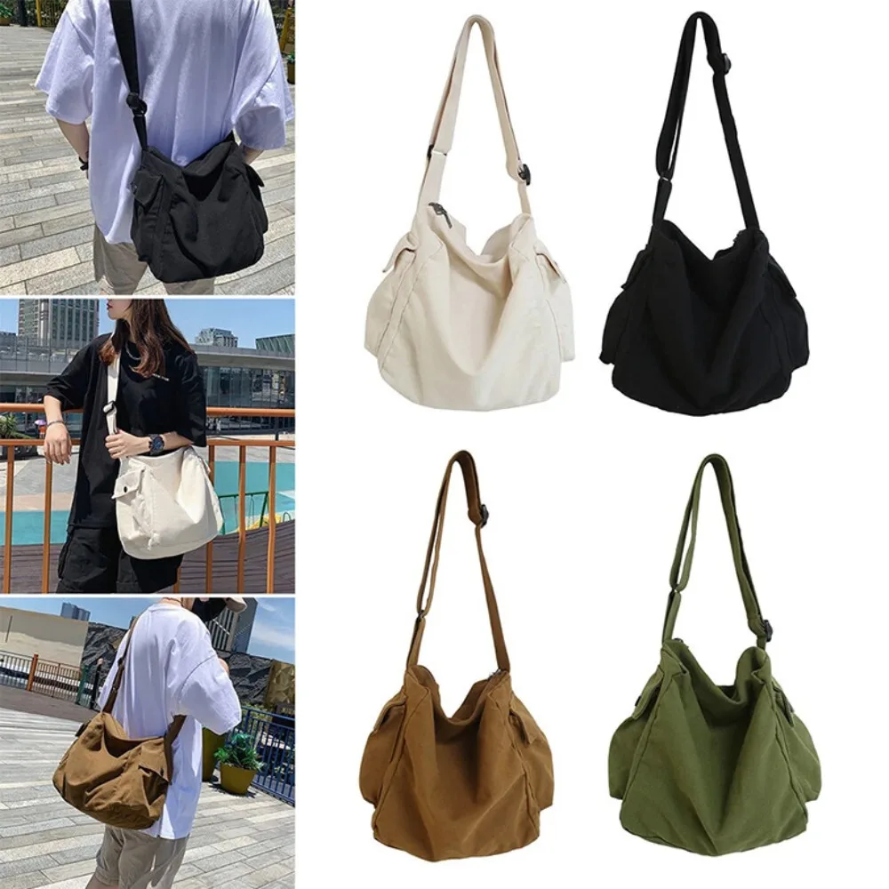 Fashion Canvas Messenger Bag Multi-pocket Solid Color Hobo Bag with Zipper Large Capacity Crossbody Bag