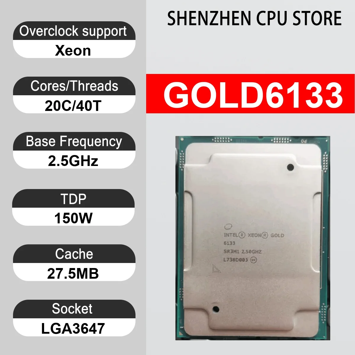 Intel Xeon GOLD6133 20 Core 40 Thread 2.50GHz 150W 27.5MB Cache 14nm LGA3647 SR3J4 DDR4-2666 MHz Skylake-SP