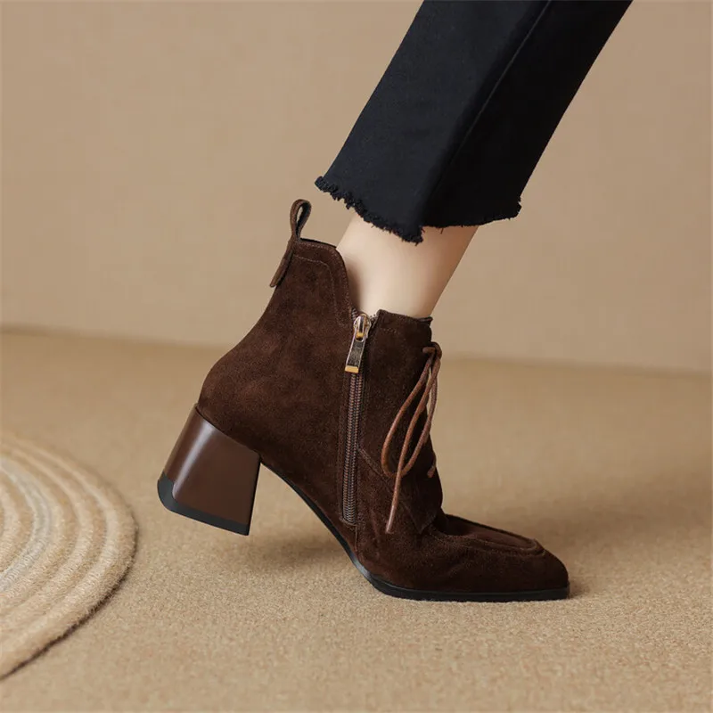 New Autumn Winter Sheep Suede Women Shoes Square Toe Retro Lace Up Short Boots for Women Chunky Heel High Heel Women Boots
