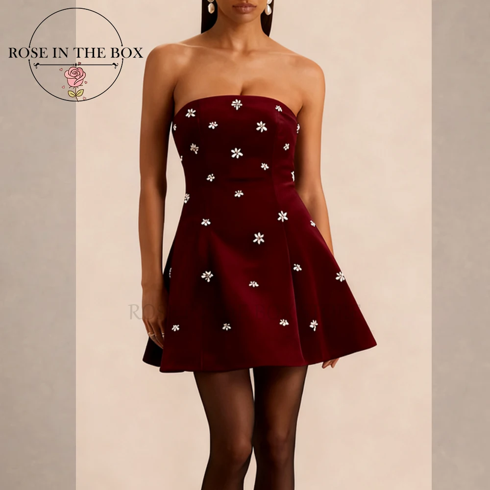 ROSEINTHEBOX Customized A-line Strapless Mini Dress Sparkly with Crystal Floral Evening Dress for Cocktail Parties Christmas