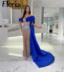 Floria Heavy Handmade Blue Elegant Pageant Dress With Long Side Overskirt Beading Stunning Evening Dress Wedding Guest Gowns