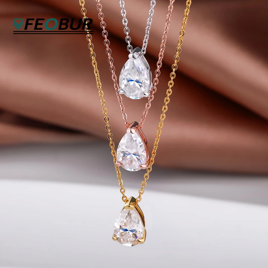 

FEOBUR Certified 1/2/3/4CT Waterdrop Solitaire Moissanite Necklace Real 925 Silver 18K Plated Pear Diamond Pendant for Women