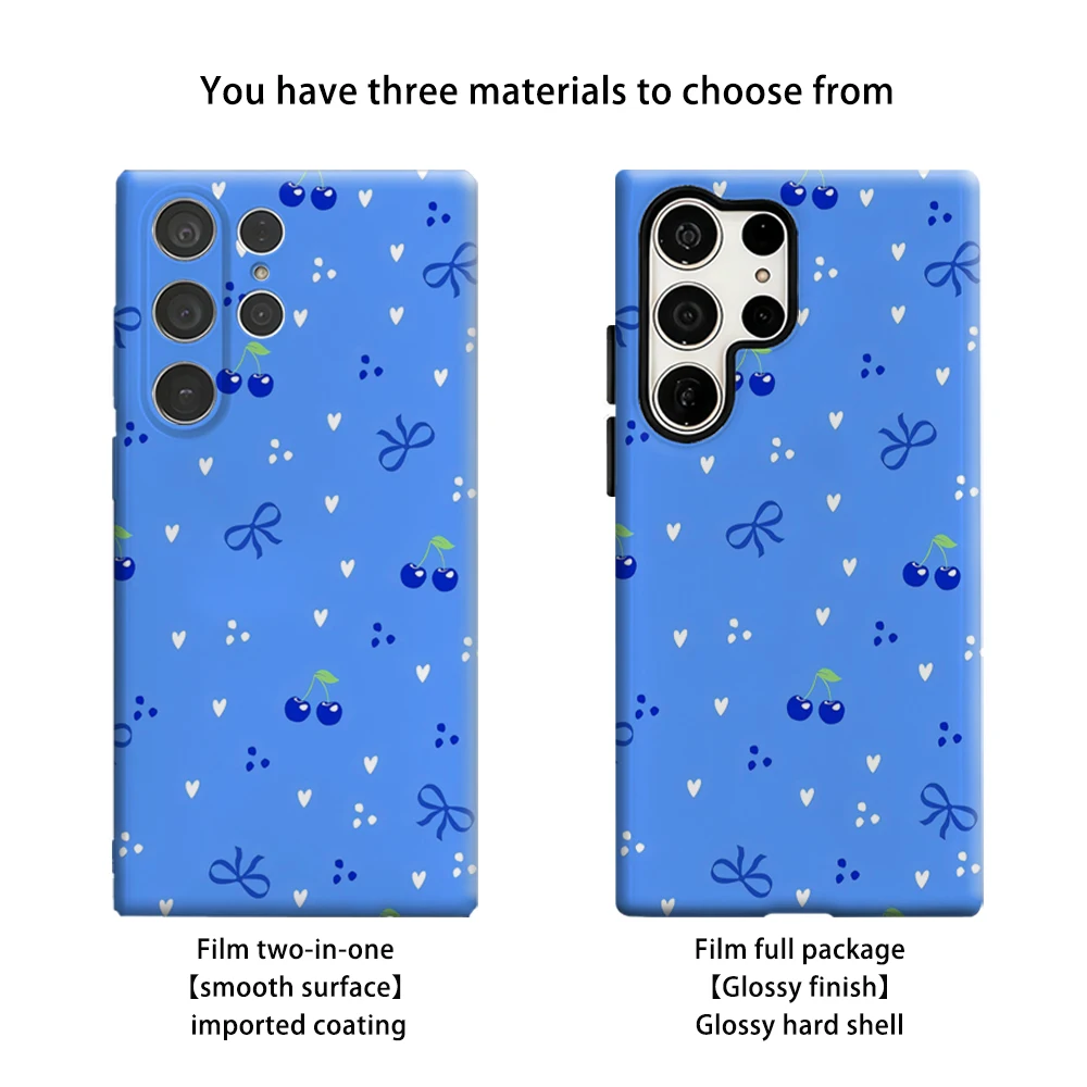 حافظة هاتف كرزية زرقاء لهاتف سامسونج جالاكسي S25 Ultra S24 S23 Ultra Plus غطاء خلفي لامع بطبقة مزدوجة