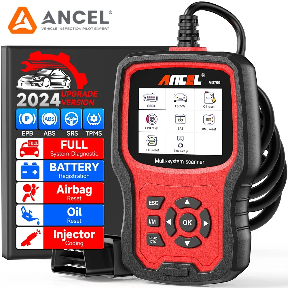 ANCEL 자동차 스캐너 풀 시스템 EPB DPF 오일 TPMS BMS 에어백 리셋 OBD 자동차 진단 도구, VW 아우디 스코다 시트용, VD700 OBD2 