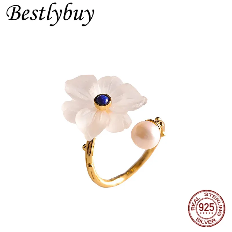 

S925 Серебряное позолоченное кольцо с белым кристаллом и жемчугом для женщин, простые и модные маленькие и свежие легкие роскошные ювелирные изделия