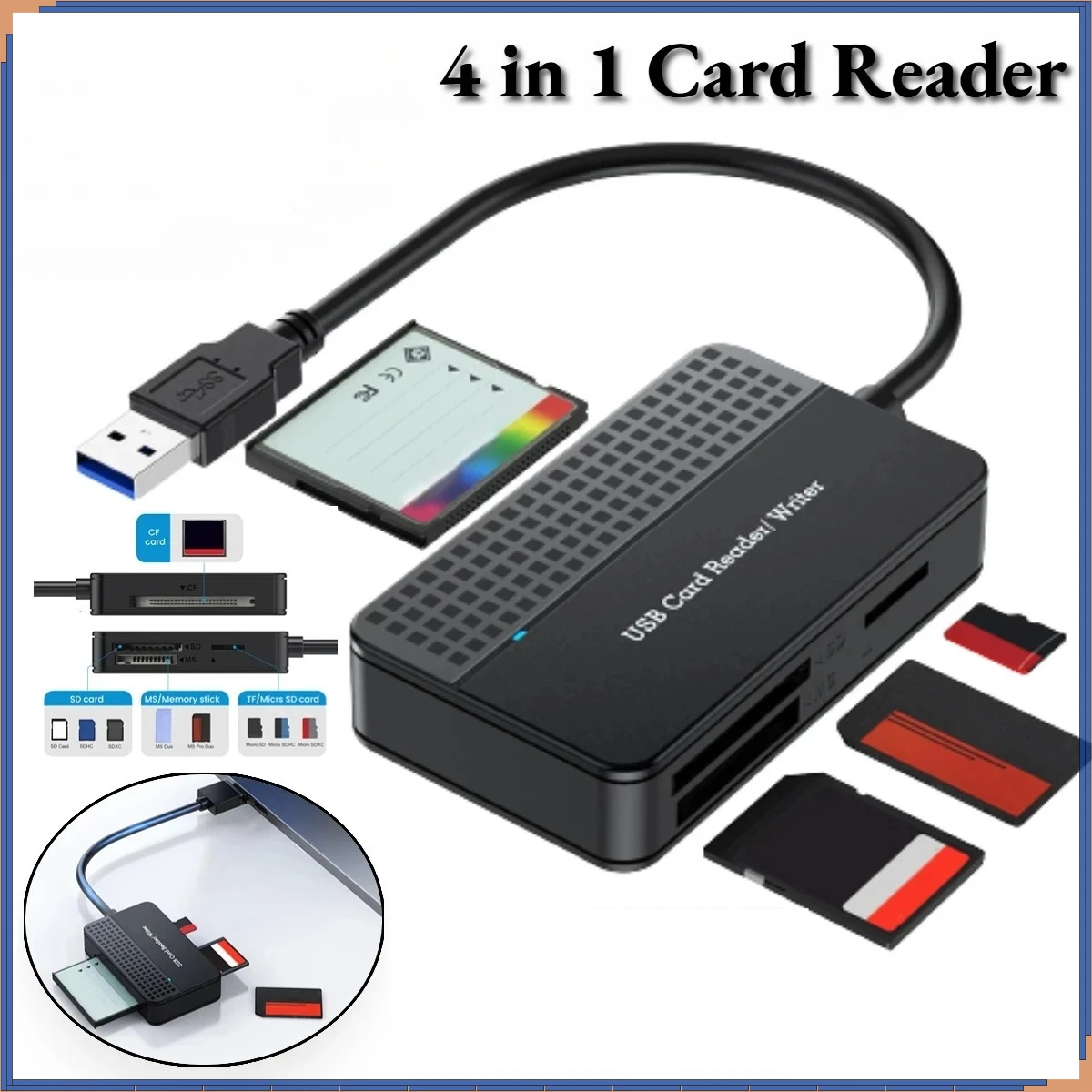 

USB 3.0 кардридер 4-в-1, 5 Гбит/с, для смарт-карт, SD, TF, CF, MS, Compact Flash, адаптер Type-C, кабель 20 см для ноутбуков и ПК