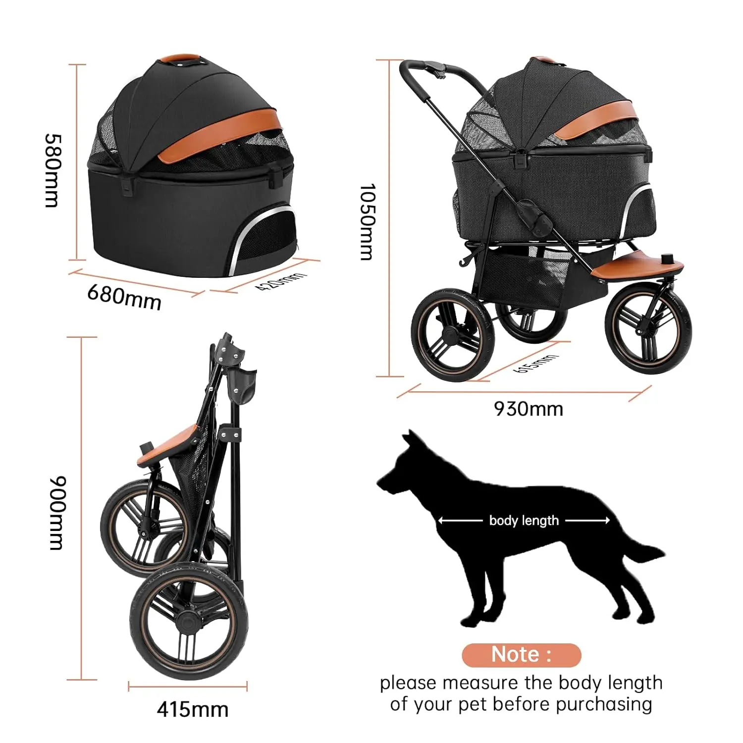 Dog and Cat Jogger Stroller, 3in 1 para cães pequenos médios, transporte destacável, 3 rodas