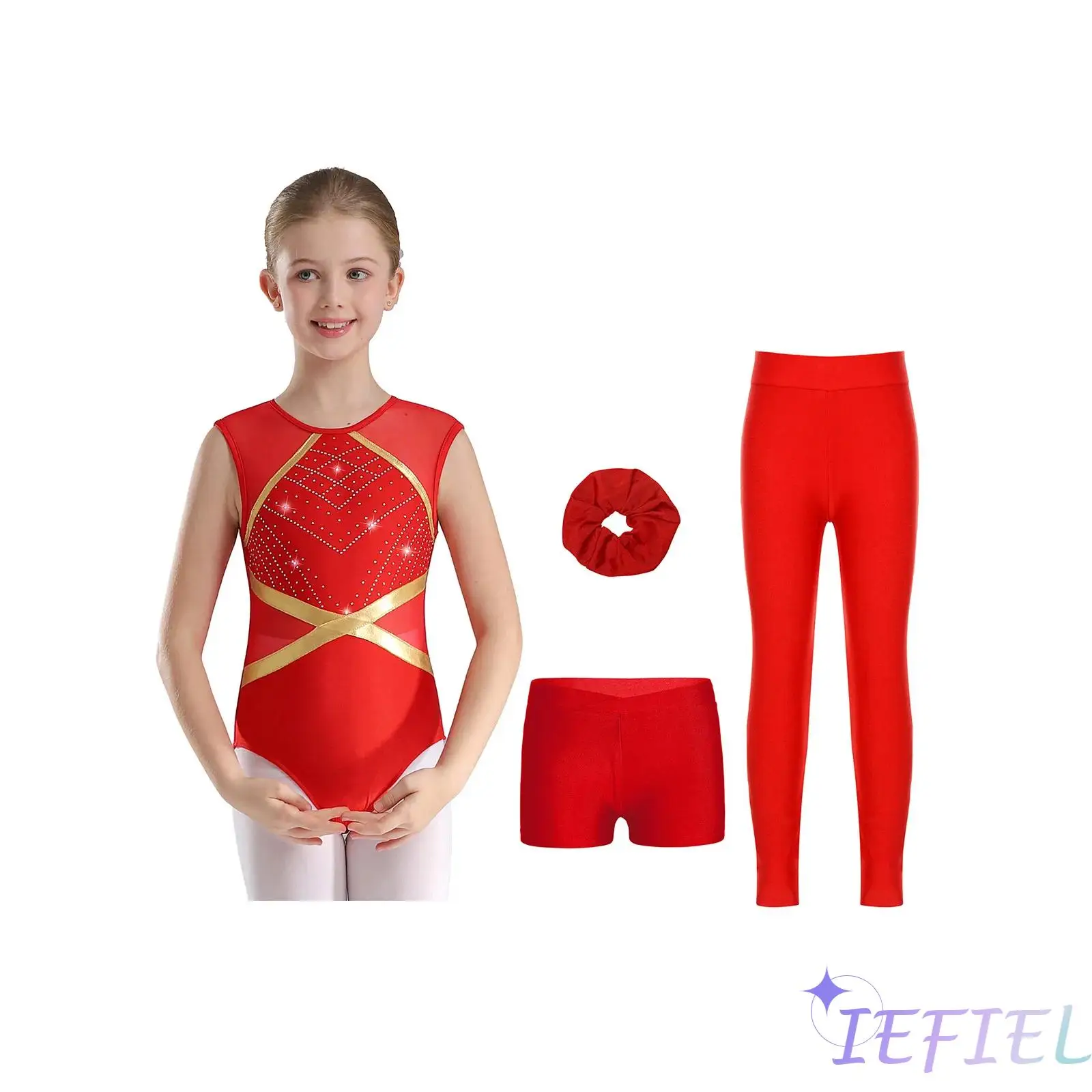 

Girls Dance Gymnastics Figure Skating Costume Sheer Mesh Patchwork Shiny Rhinestone Leotard with Shorts Leggings And Headwear
