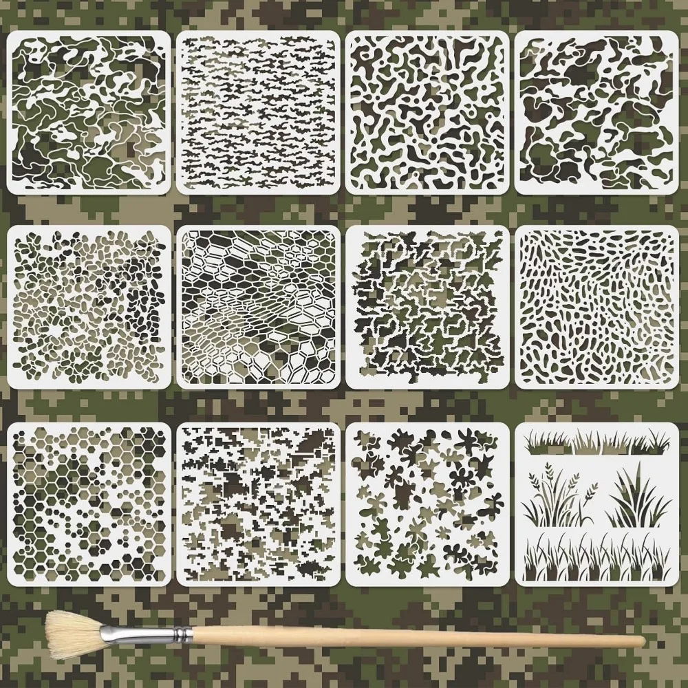 12PCS Camo Stencil for Spray Paint 11.8 x 11.8 Inch Camouflage Stencils with Brushes Reusable Grass Pattern Stencils Large