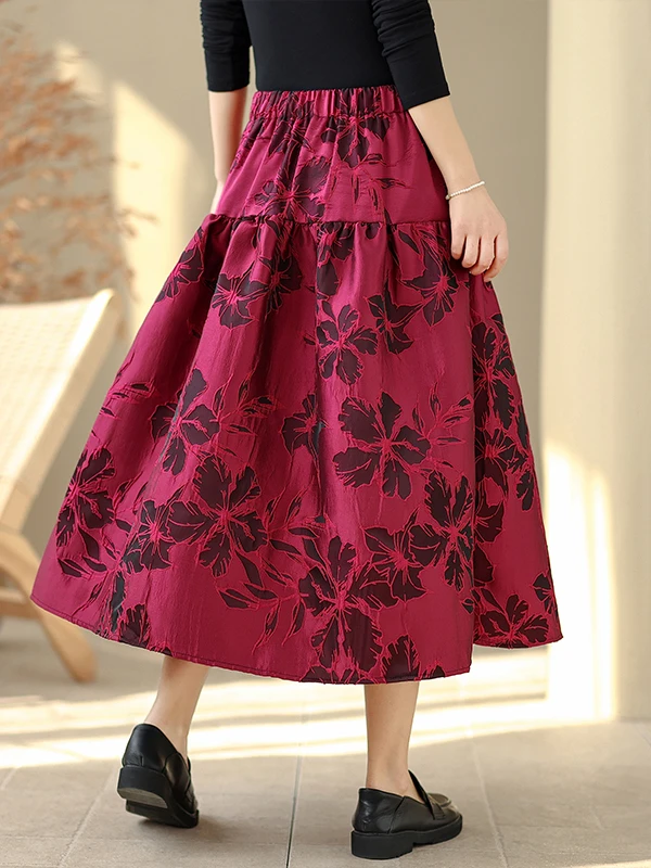 กระโปรงทรงเอพองเอวสูงลายดอกไม้สไตล์ศิลปะลำลองอเนกประสงค์สำหรับผู้หญิงไซส์ใหญ่ ฤดูใบไม้ผลิ 2026