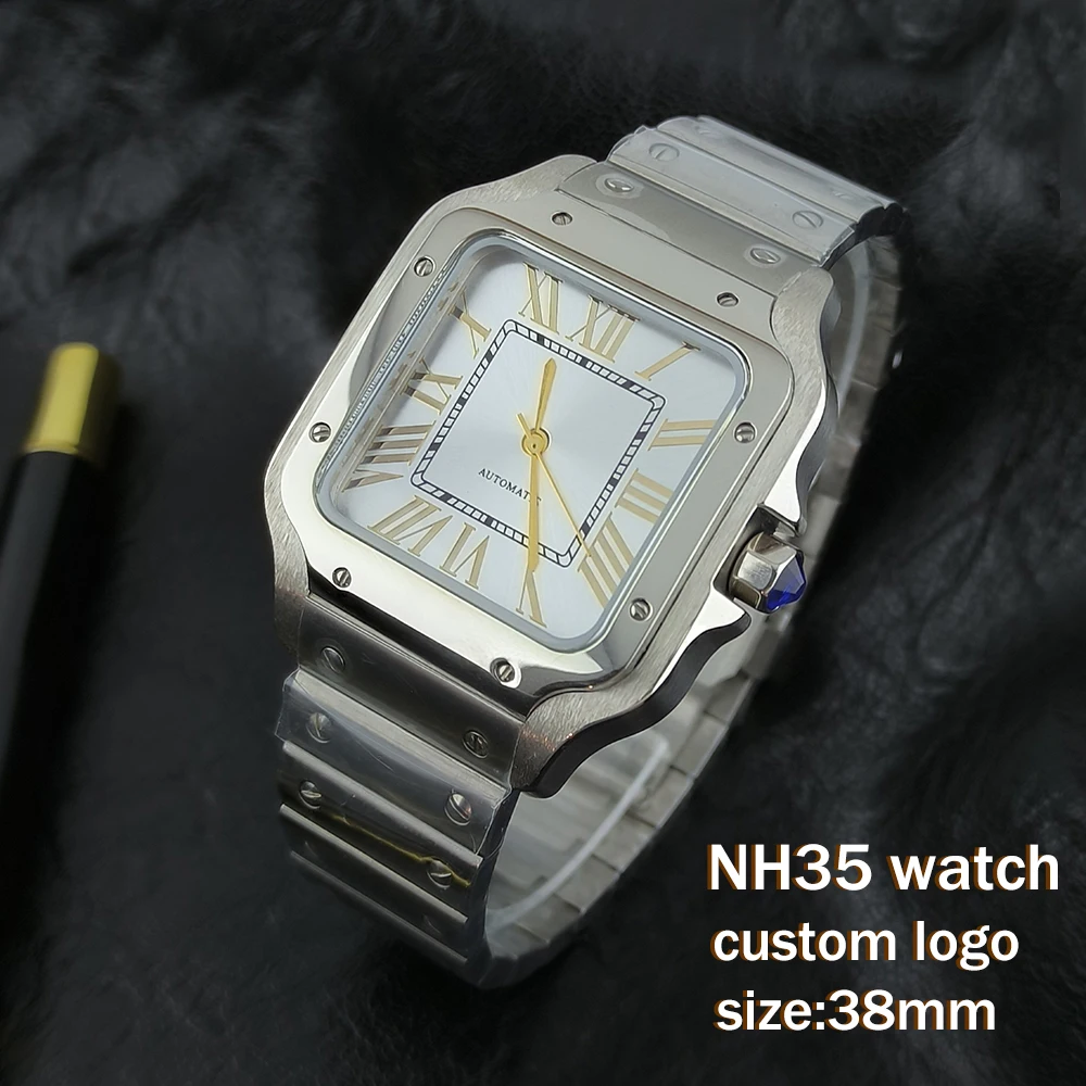 Men's watch NH35 stainless steel 38mm custom logo automatic watch mechanical watch square dial suitable for NH35 movement