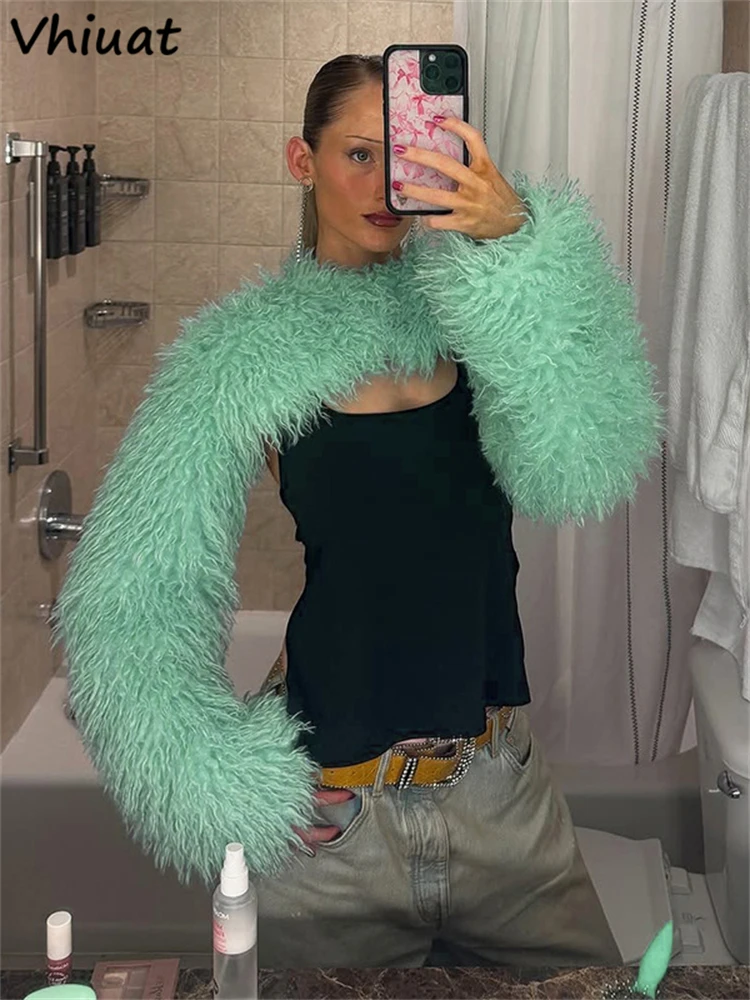 Vhiuat Sexy Women's Faux Fur Long Sleeve Crop Tops Autumn Winter New Holiday Fashion Chic All-match Streetwear Tank Tops 2026