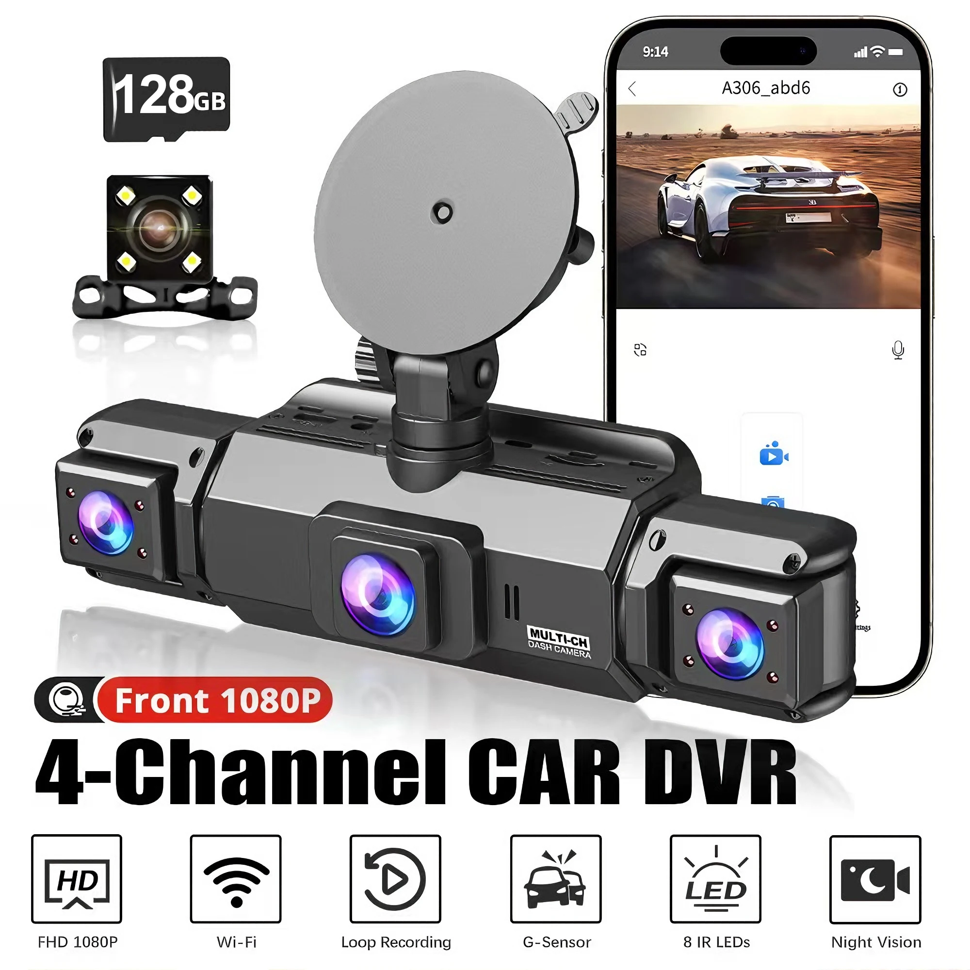 Car Accessories 1080P Front Rear Inside Left Right Dash Cam 4 Channel 360° View 8 IR Night Vision 5G WiFi G-Sensor Parking Mode