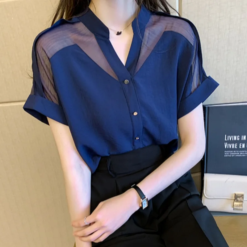 

Элегантная женская шифоновая рубашка с коротким рукавом, тонкий дизайн, премиум-класс, летний топ в корейском стиле, V-образный вырез, на пуговицах