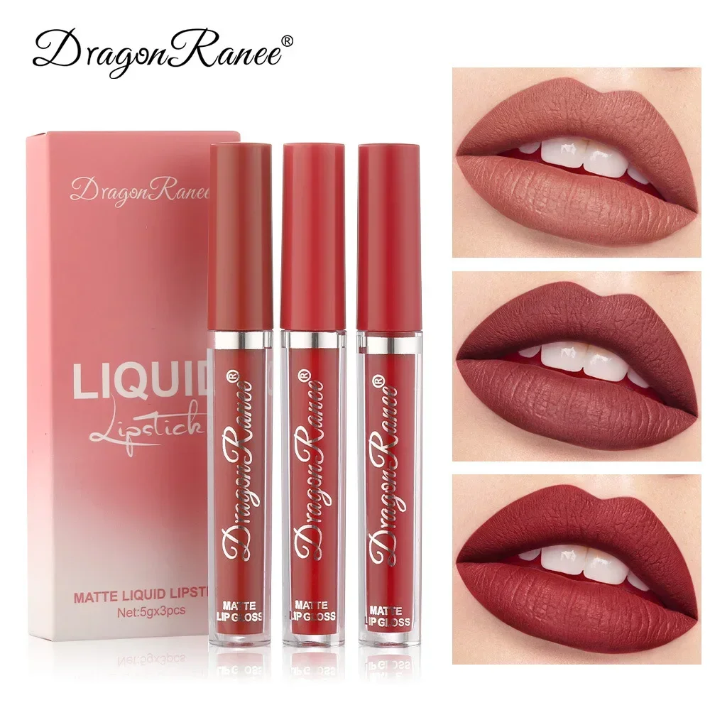 Conjunto de batom líquido impermeável para mulheres, veludo, fosco, brilho labial, lábios coloridos, maquiagem diária, coreano, 3 peças