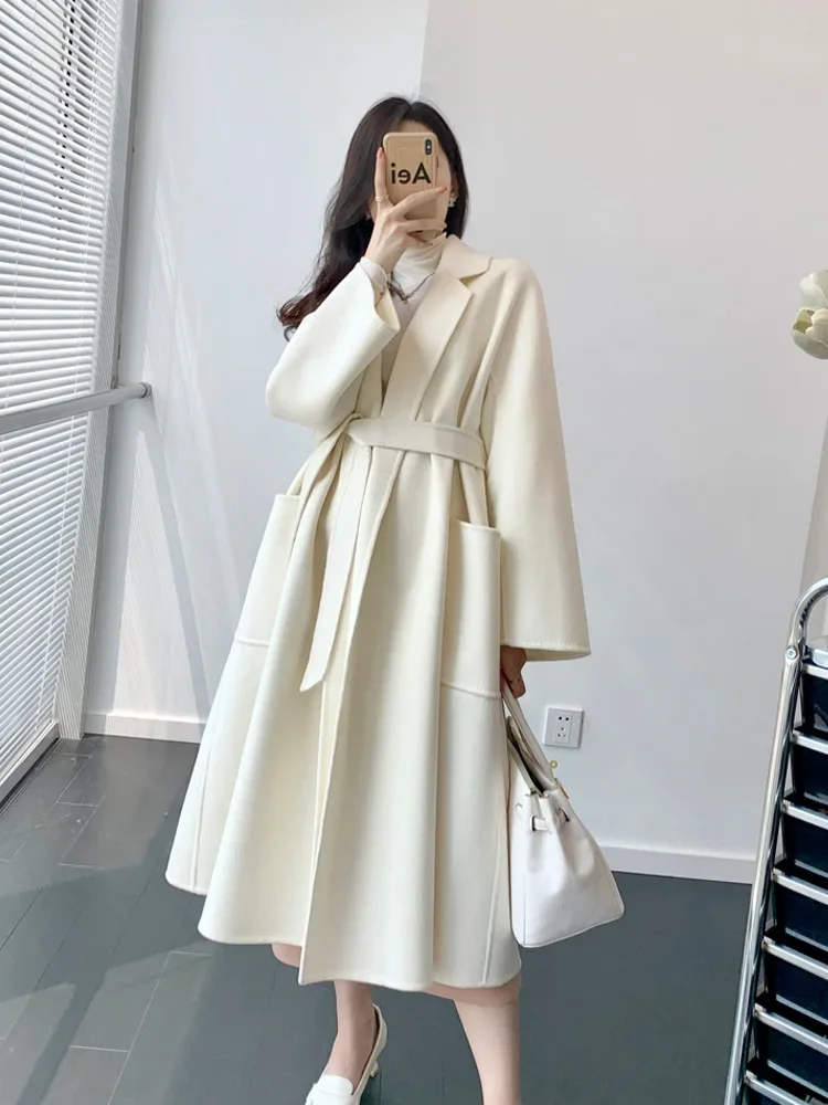 Labbro Double-sided Water Ripple Medium Length Cashmere Coat Hepburn Windblown Woolen Coat