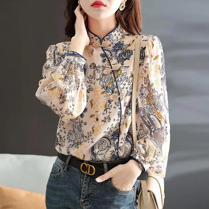 Blusa de manga larga con botones para mujer, camisa elegante con estampado de estilo chino, ropa que combina con todo, primavera y otoño, novedad de
