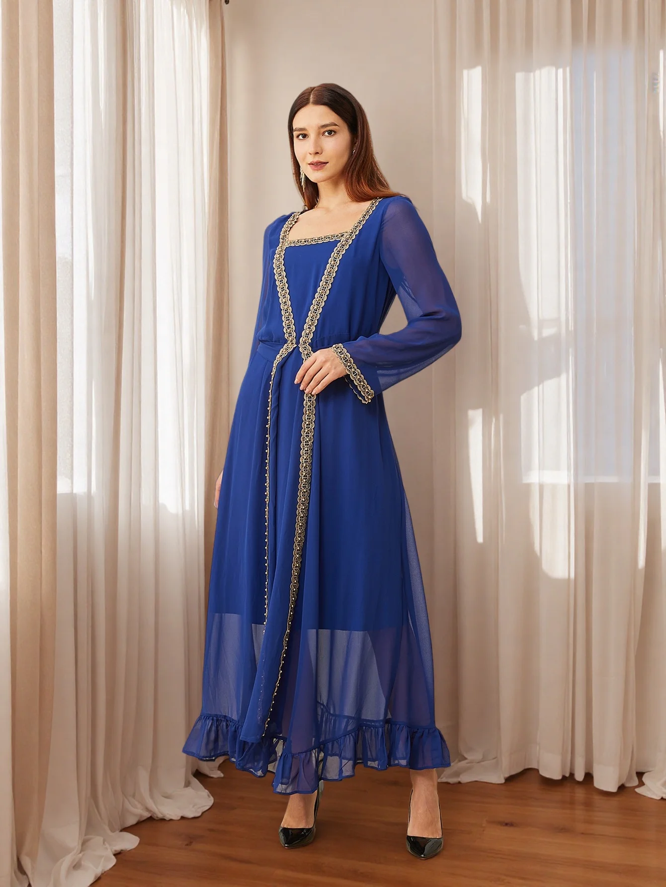 

Шифоновое платье для похудения и удлиняющее платье с длинными рукавами и кружевом во французском стиле в стиле ретро