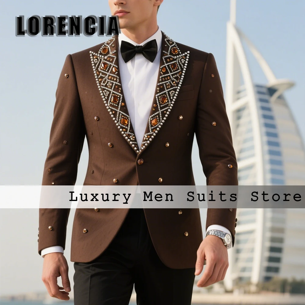 

Luxury Crystal Men Suits 2 Pieces Peak Label Wedding Banquet Outfit Customized Blazer Pants trajes para hombre Men's Clothing