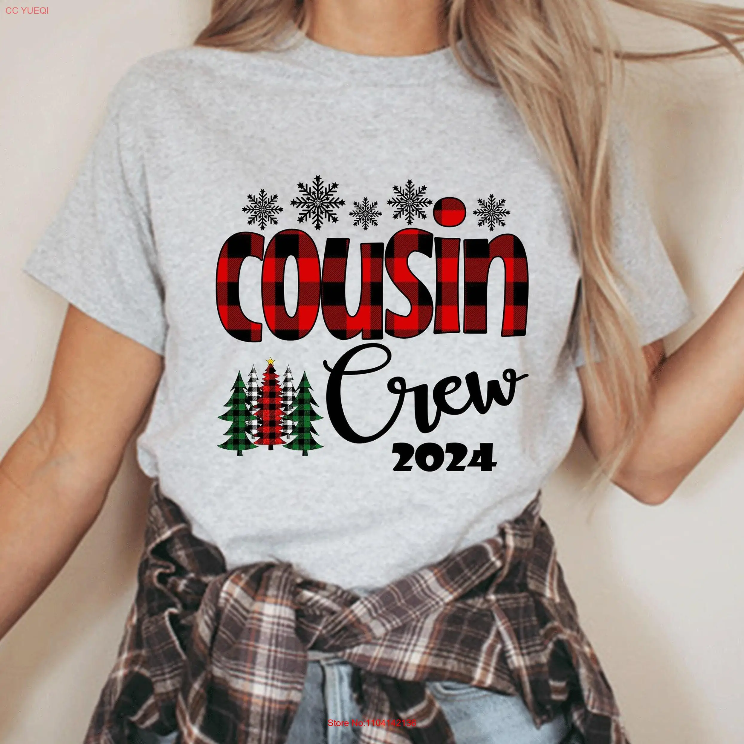 

Футболка Cousin Crew 2024, рождественская одинаковая семейная рубашкаC48 с длинными или короткими рукавами