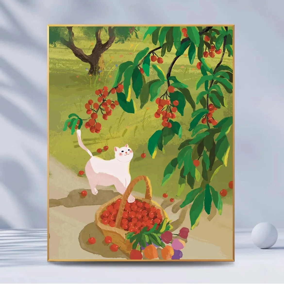 

Hand -filled color spring day girl cat oil color painting tulip cherry cure simple hanging digital oil painting