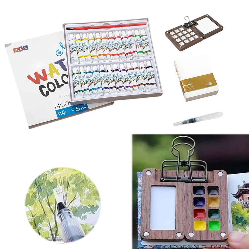 12 Colors Watercolors Pigments Painting Set With 15/8Grids Portable Watercolor Palette, Mixing Tray with Clip and Brushes