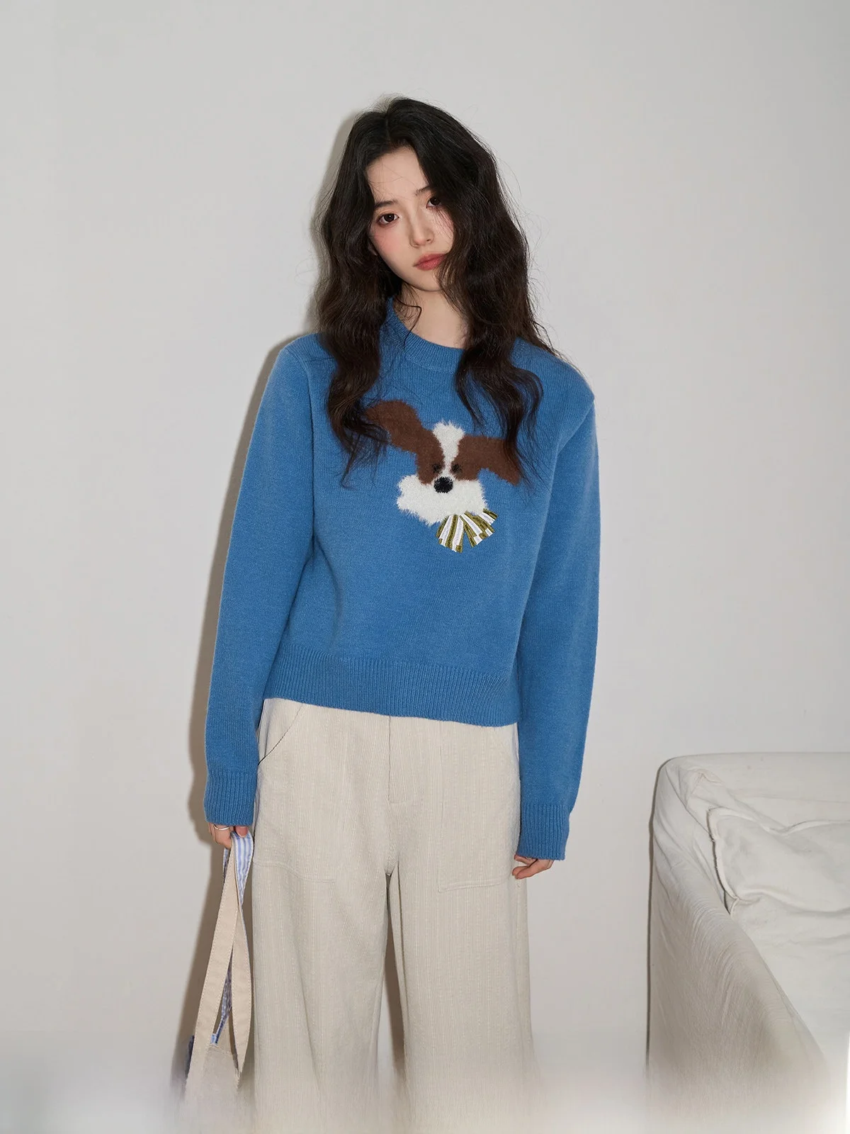 

Синий вязаный женский свитер с круглым вырезом, пуловер, зимний, новый, маленький размер, с рисунком собаки, теплый термотоп