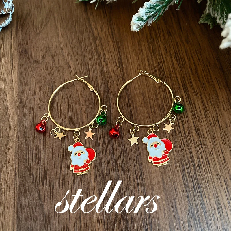 

Christmas Silver Needle Oil-drip Craftsmanship Santa Claus Bell and Star-shaped Hoop Earrings Versatile Holiday Gift