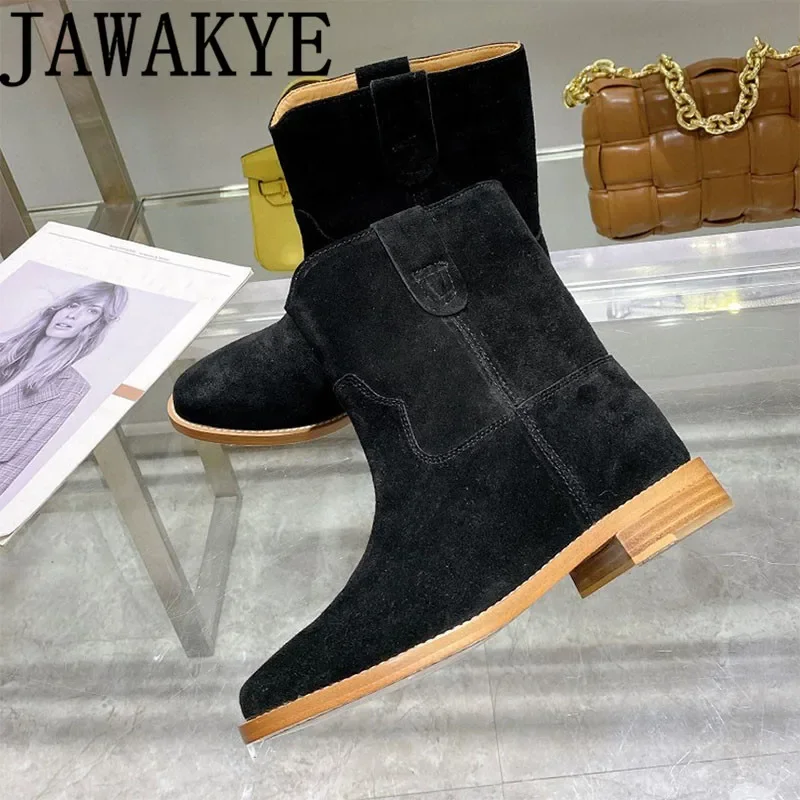 Inner Wedge Heel Ankle Boots For Women Round Toe Casual Comfort Chelsea Boots Genuine Leather Real Suede Leather Shoes Women