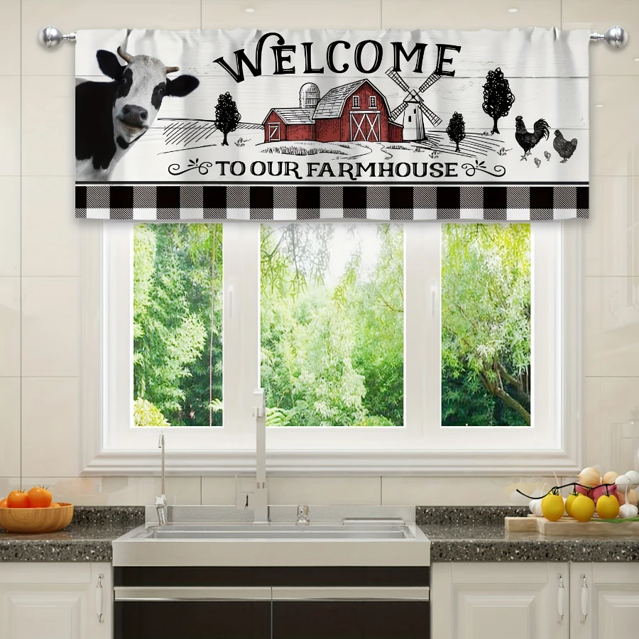 Farm Kitchen Curtains, Cow Barn Rooster Buffalo Plaid, Digital Print, Kitchen Dining Room, Rod Pocket Polyester, Home Decor