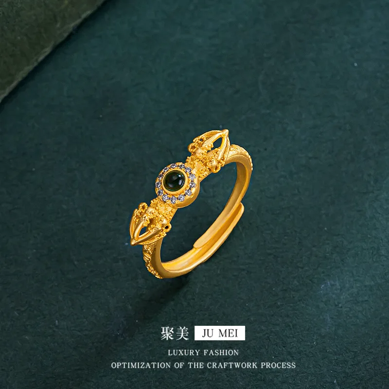 

Luxury 24K 9999 Pure Gold real gold Women's Emerald Vajra Ring