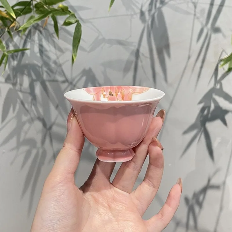 Hand-Painted Underglaze Lotus Tall Stemmed Master Tea Cup, Chinese Kung Fu Tea Set, Fresh & Elegant Porcelain Tea
