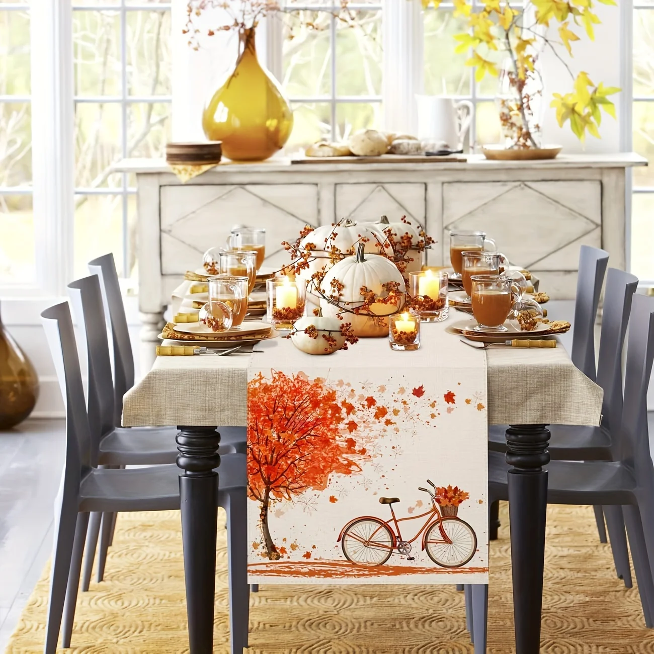 1 Piece of Autumn Scenery Table Runner, Painted Red Maple, Bicycle, Fallen Leaves, Suitable for Restaurant, Home, Picnic, Cafe, Autumn Party Decoration.