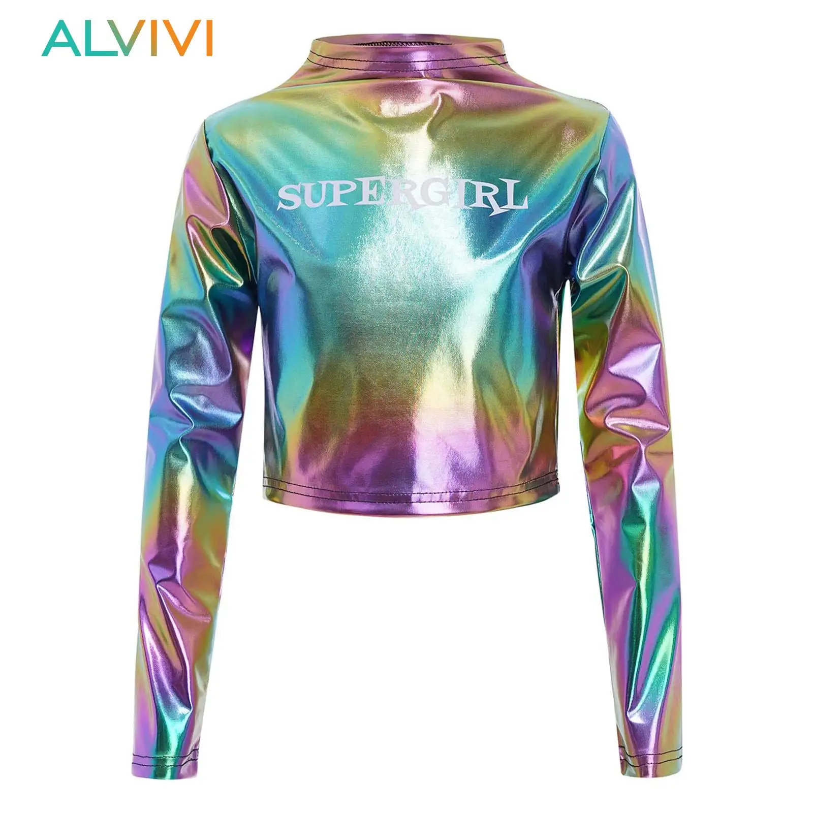 

Детская одежда для выступлений в стиле хип-хоп, джаз, уличная одежда для девочек, костюм для выступлений черлидинга, укороченный металлический топ с длинными рукавами и буквенным принтом