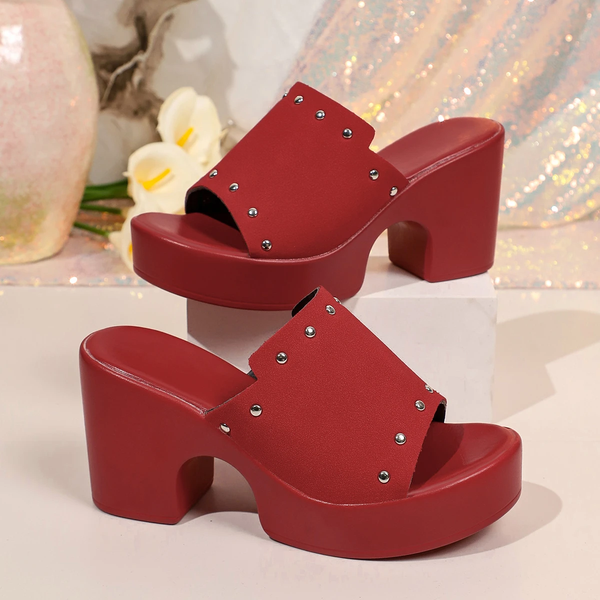 Studded Platform Heels Fashion Round Toe Open Toe Non-Slip Slippers