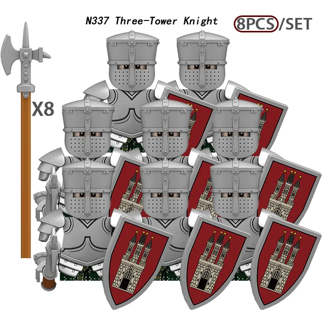 MOC Mittelalterliche Burgturm-Ritterfiguren Bausteine Waffen Schild Schwert Helme Rüstung Weste Hirsch Soldaten Armee Bausteine Spielzeug