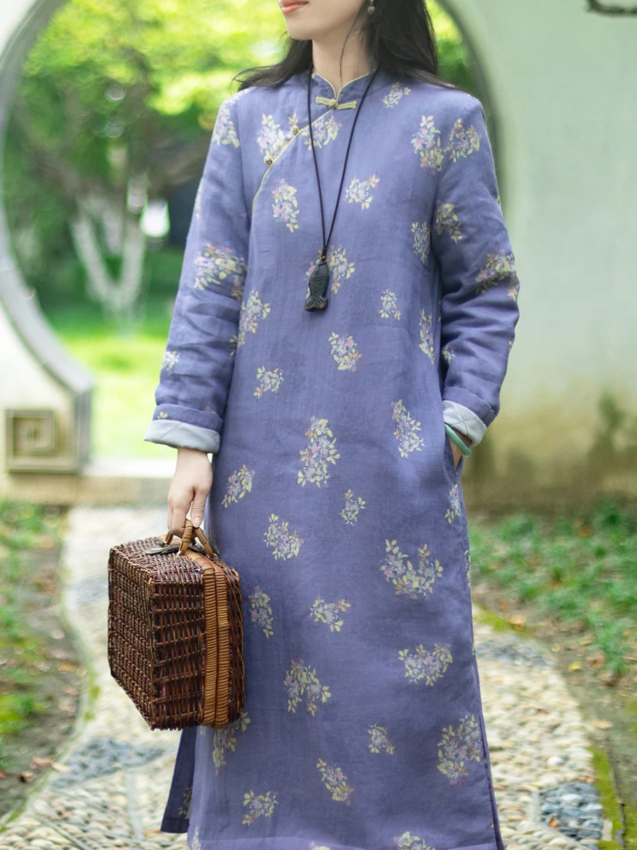 

Женское хлопковое платье Ele Zen-Quali Jiangnan Sle свободного кроя с эффектом похудения, с ручной вышивкой и боковыми пуговицами, длинный рукав