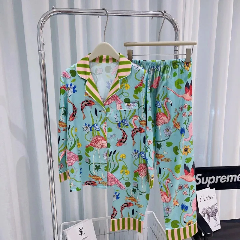 Pajamas for Women in Spring and Summer Long Sleeved Flower and Bird Patterns High-end New Luxurious Sexy Comfortable Home Decor