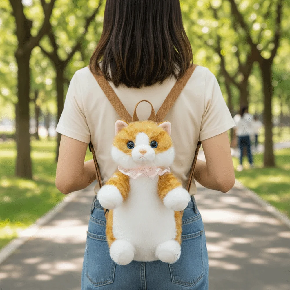 Soft Realistic Cat Backpack Fluffy Kawaii Simulated Puppet Daypack Anime Cartoon Stuffed Animals School Bag Anime Convention