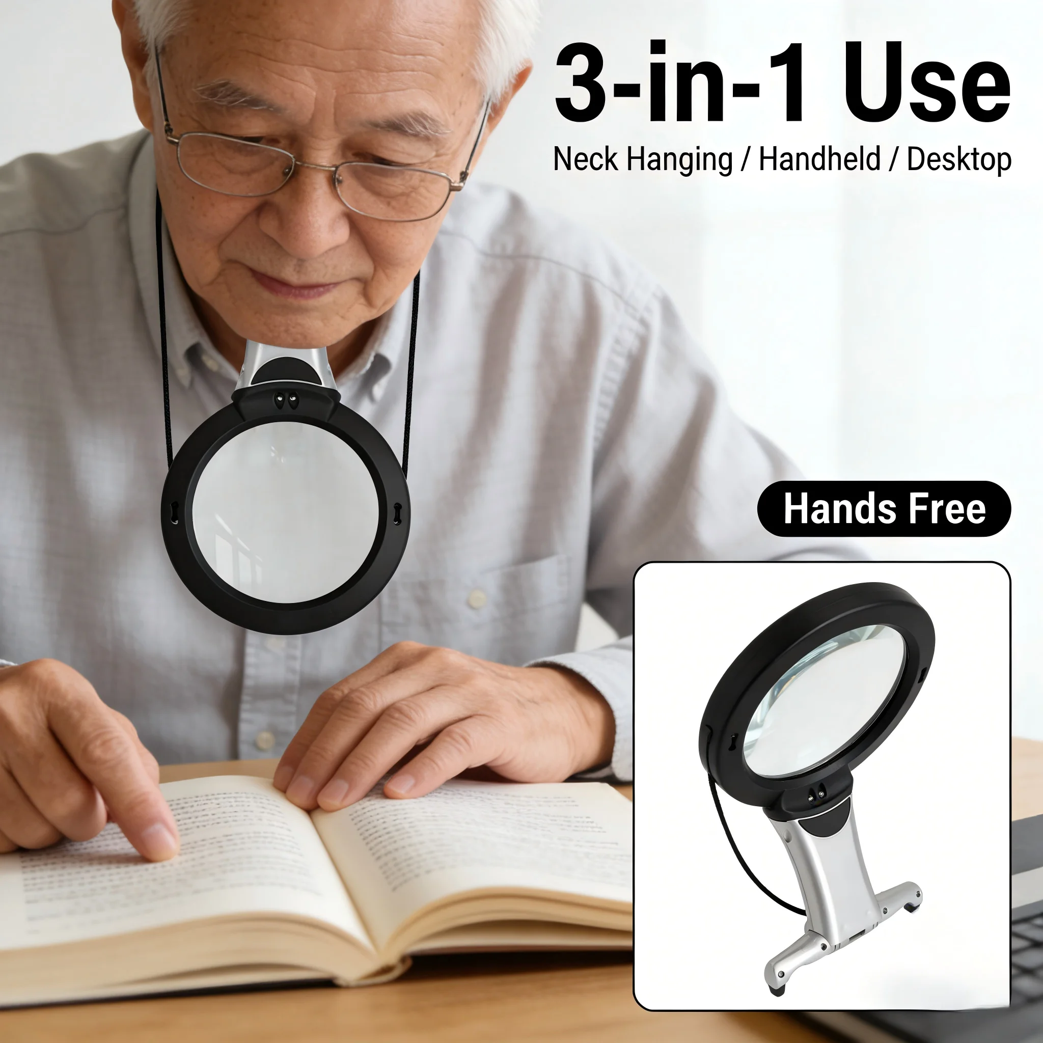 

Hands Free Neck Hanging Magnifying Glass with Light 3-in-1 Magnifier for Seniors Reading Crafts Repair 5X