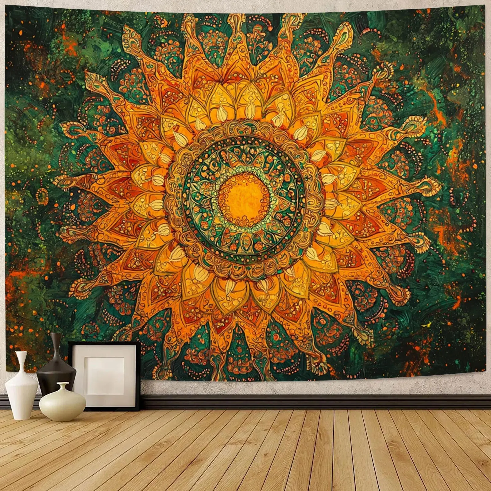 Sun And Moon Tapestry Vintage Bohemian Wall Hanging Vibrant Mandala On Green With Golden Glow Polyester Art For Dorm Living Room