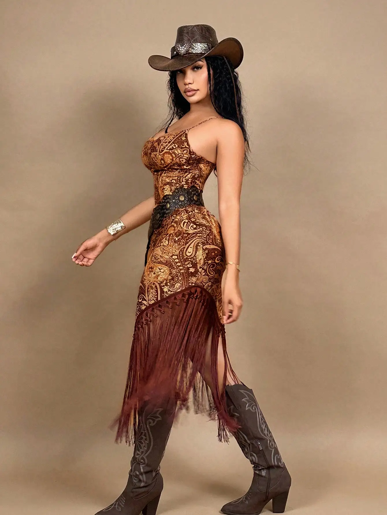 BWQ Vacation Music Festival Retro Printed Fringed Hem Backless Cami Mid-Length Dress, Women Summer Dresses,Western Wear Women